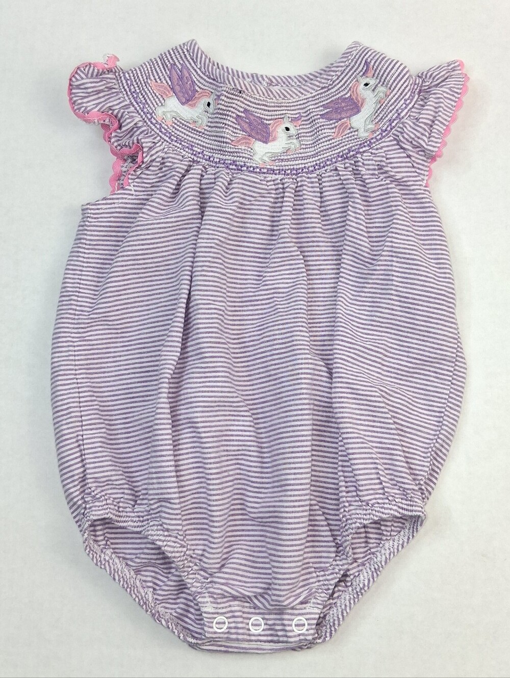 Honeydew Kids Lavender White Stripe Smocked Unicorn Ruffle Sleeve Romper 12M